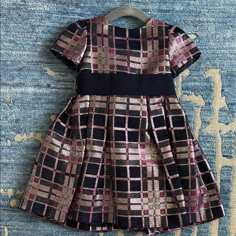 Il Gufo Girls Pink and Black Pleated A-line Dress with Puff Sleeves